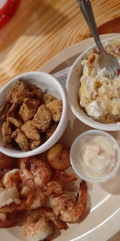Grilled Shrimp Loaded Mashed Potatoes and Fried Green Tomatoes